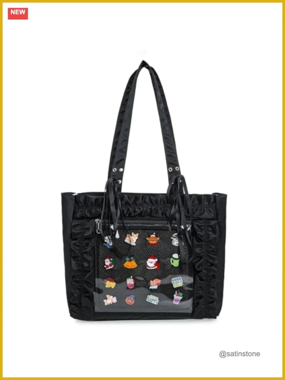 Kawaii Ita Tote Bag with Ruffled Trim - Pin Display Shoulder Bag for Anime Kpop